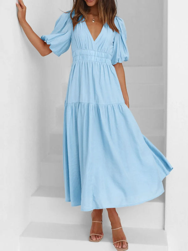 v-neck-puff-sleeve-midi-dress OhSoStyled at Sophia's Style-1